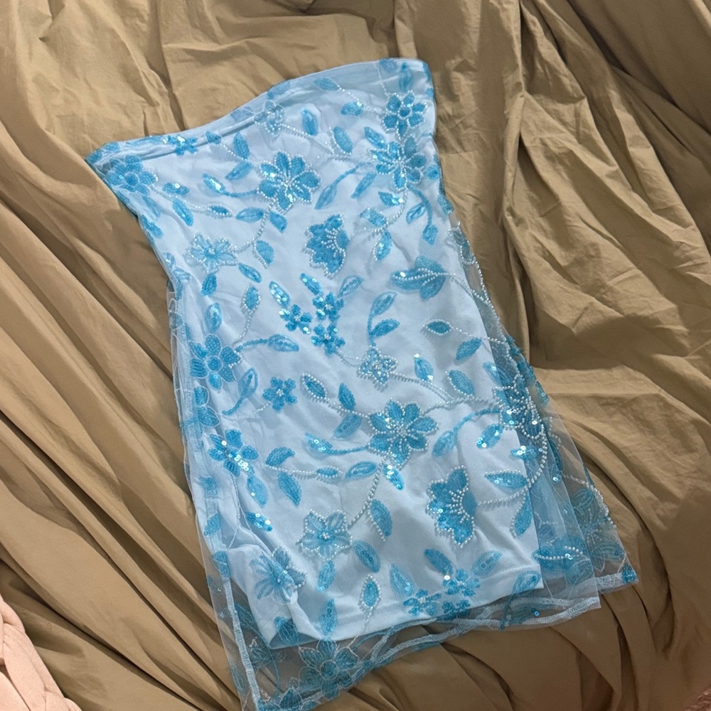 Peppermayo Light Blue Strapless Embroidered Mini Dress
